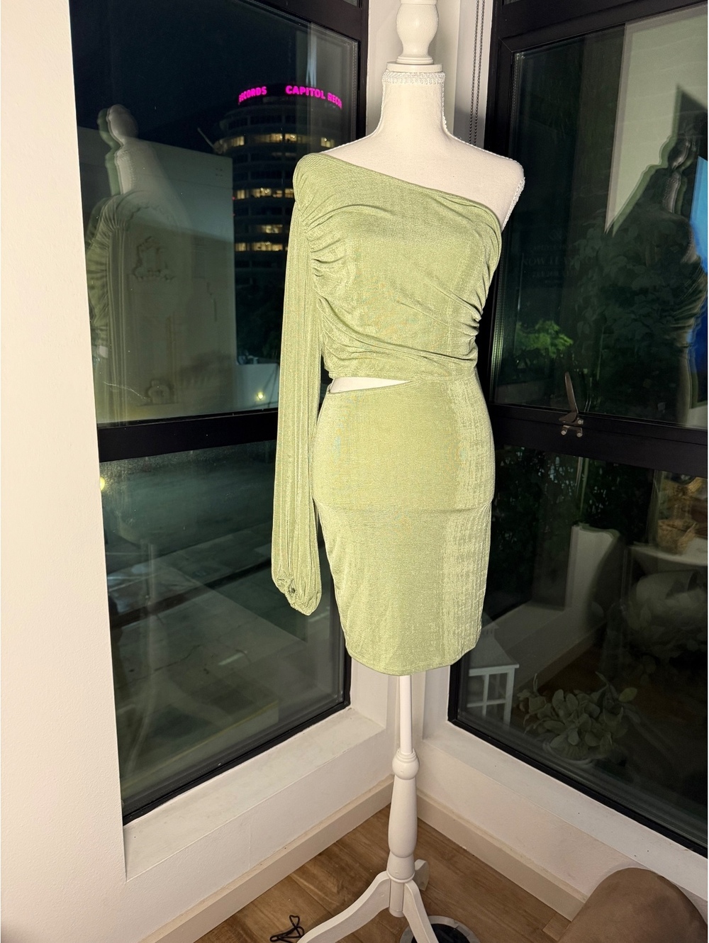 Hello Molly Sage green one-shoulder cutout dress large